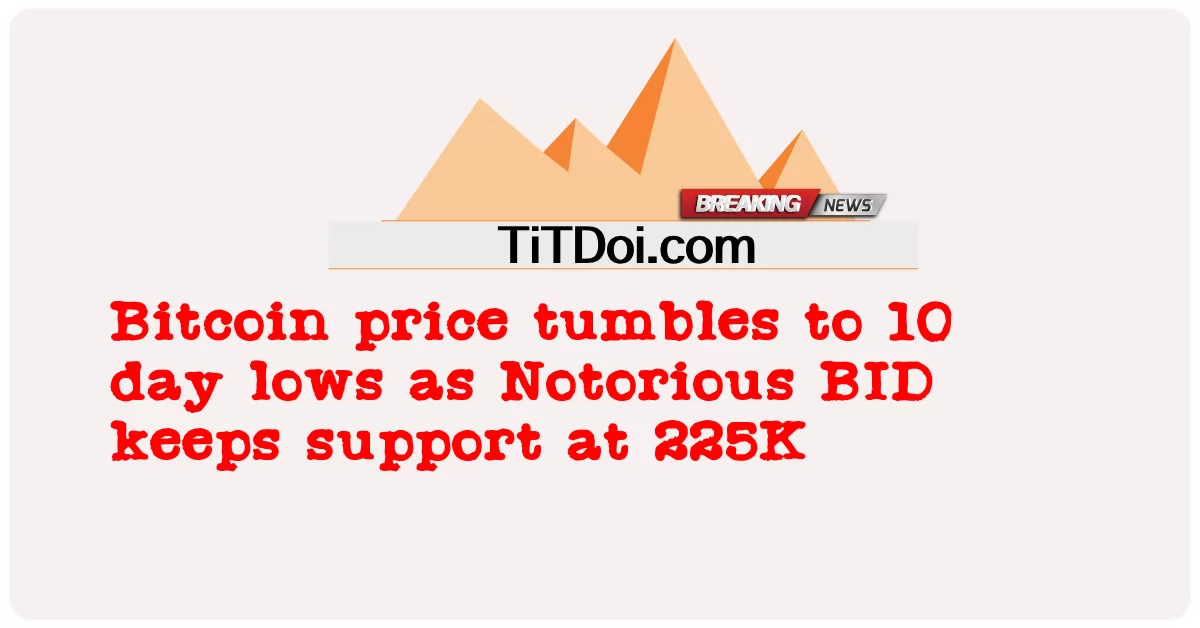Цена биткойна падает до 10-дневного минимума, так как Notorious BID сохраняет поддержку на уровне 225 тыс. -  Bitcoin price tumbles to 10 day lows as Notorious BID keeps support at 225K